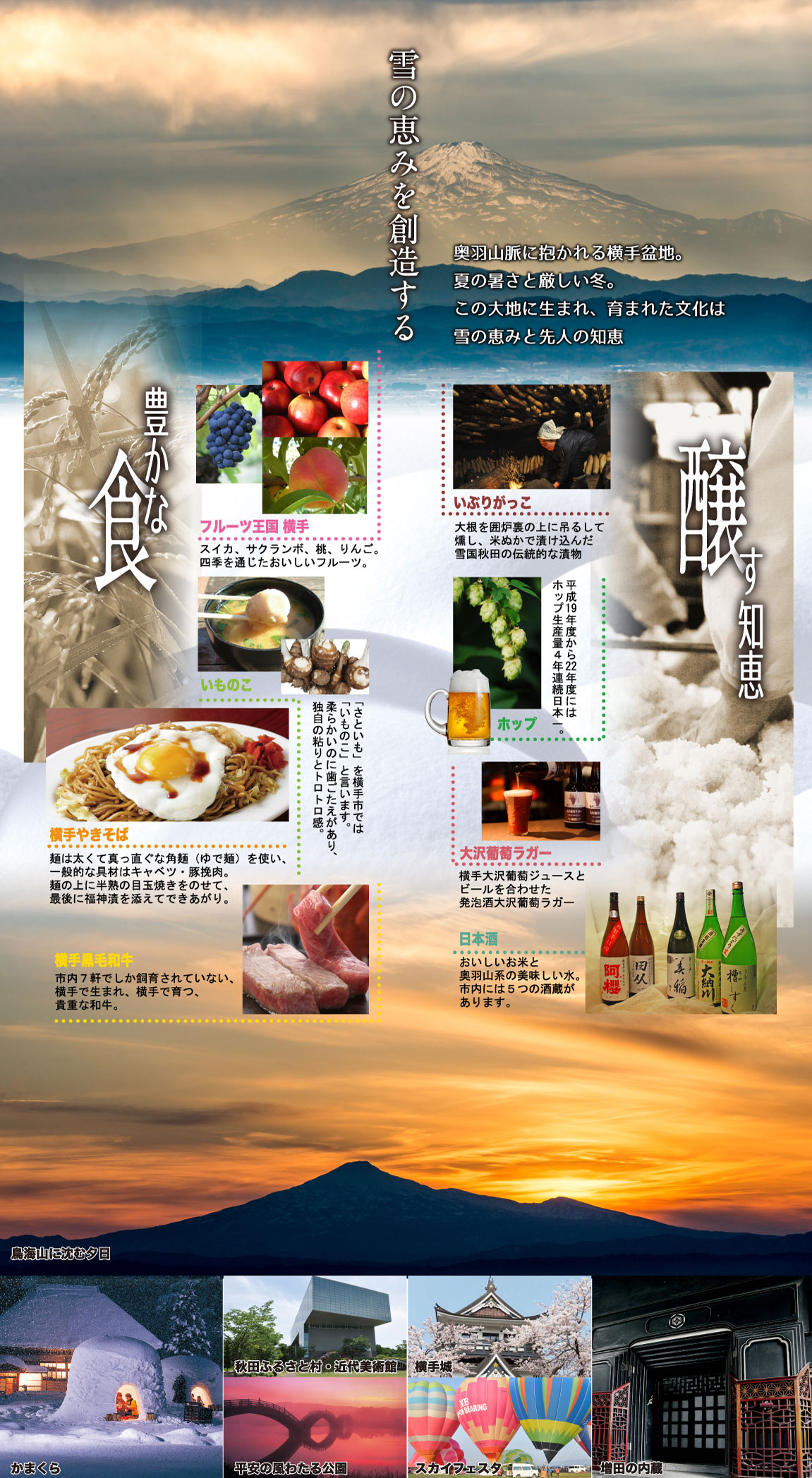 雪の恵みを創造する。 奥羽山脈に抱かれる横手盆地。夏の暑さと厳しい冬。この大地に生まれ、育まれた文化は雪の恵みと先人の知恵。 